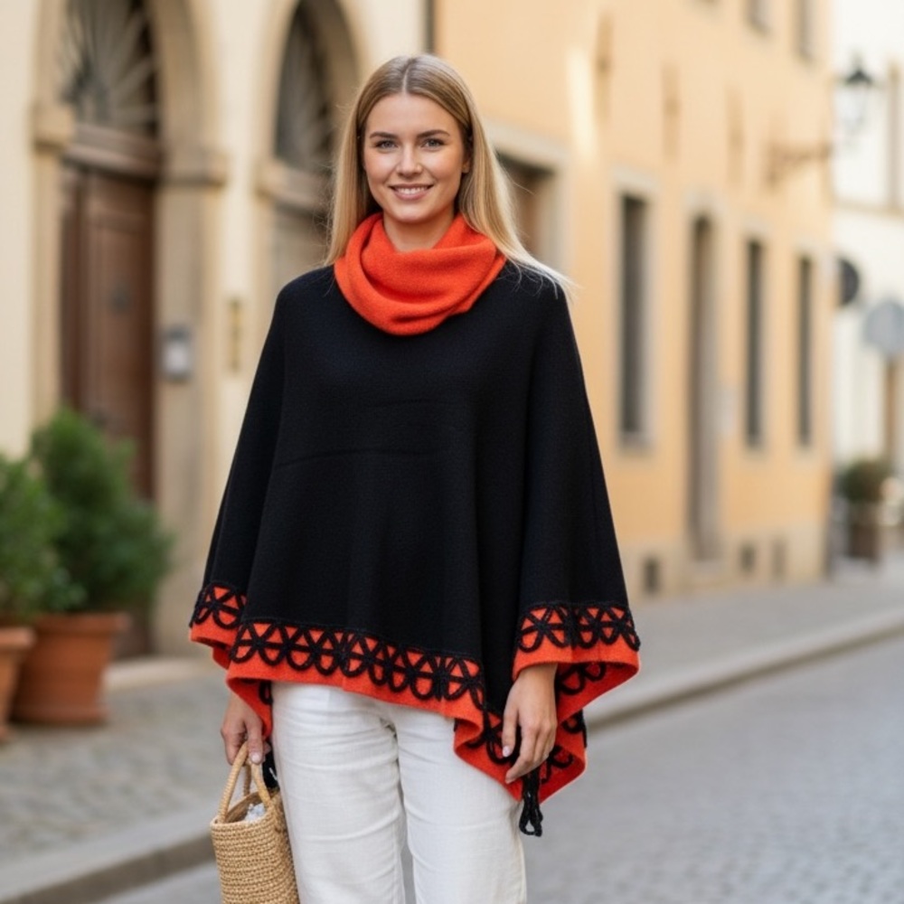 Peru Etnico Poncho Cowl Neck Sweater One Size 100% Baby Alpaca Orange and Black